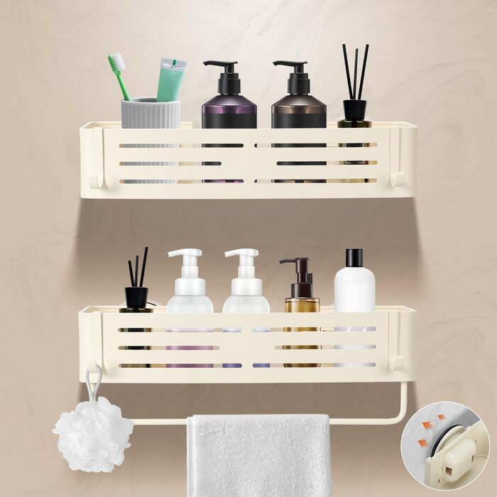 Сучасна душова полиця Lekesky, стійка до іржі, 2 шт, Gunmetal Grey, алюміній, на присосках, без свердління, з 12 гачками (кремовий - з тримачем для рушників, прямокутна)