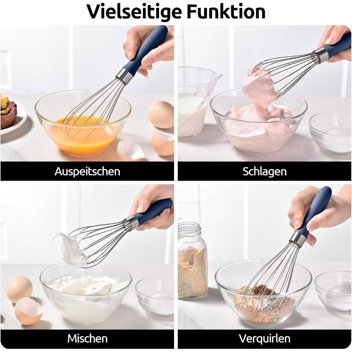 Міксер кухонний U-Taste, 30 см, нержавіюча сталь 18/10, 12 гнучких дротів, силіконовий грифель, для тіста та соусів, великий, колір: Місячна блакить