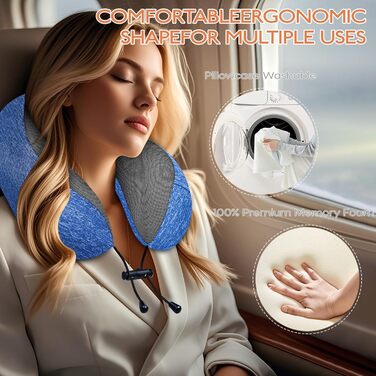 Подушка для шиї у літак - туристична подушка з Memory Foam - портативна подушка для подорожей - з 3D-маскою для сну та берушами - ідеальна для літака, авто, дому, офісу, подушка для сну (Блакитна)