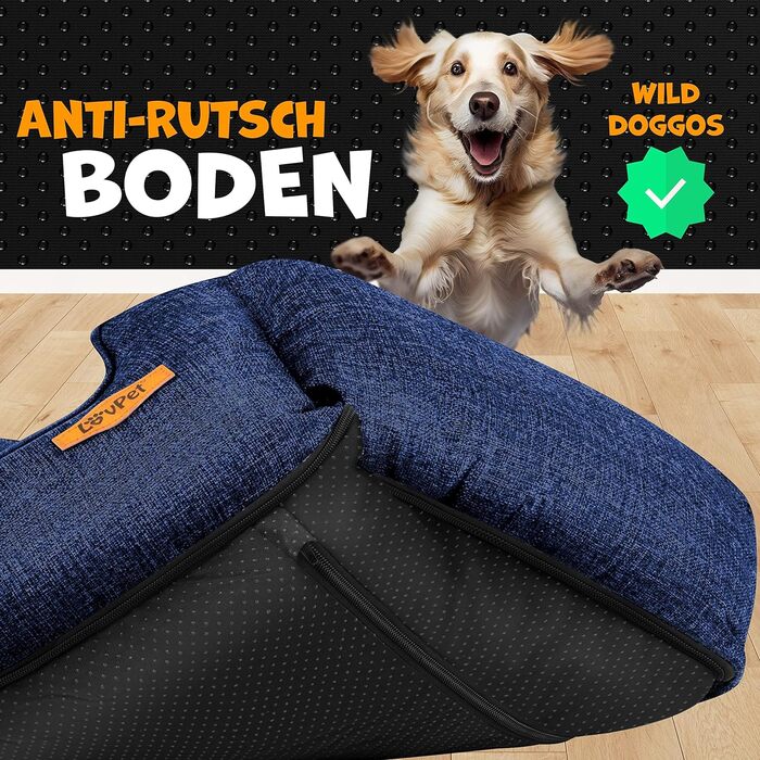 Lovpet® Dog Bed Dog Cushion Dog Basket Chiller, Incl. Bowl + 3X Chew Bones, Dog Sofa Cushion for Small, Medium & Large Dogs, Removable and Washable Cover, L 90 x 75 x 25 cm (M (70 x 55 x 21 cm), Navy Blue)