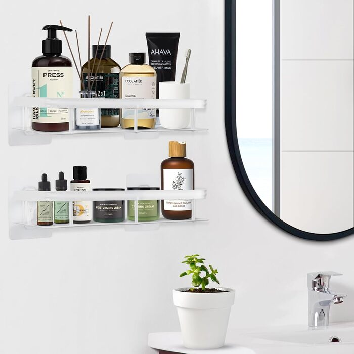Дзеркальна поличка для душу без свердління, 2 шт. Біла, з нержавіючої сталі, з 4 гачками та 8 клейких поверхонь. Підходить для ванної кімнати та кухні.