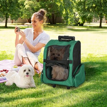 PawHut Рюкзак-переноска для собак та котів 2-в-1 з кишенями, телескопічною ручкою та колесами, 42 x 25 x 55 см, Зелений