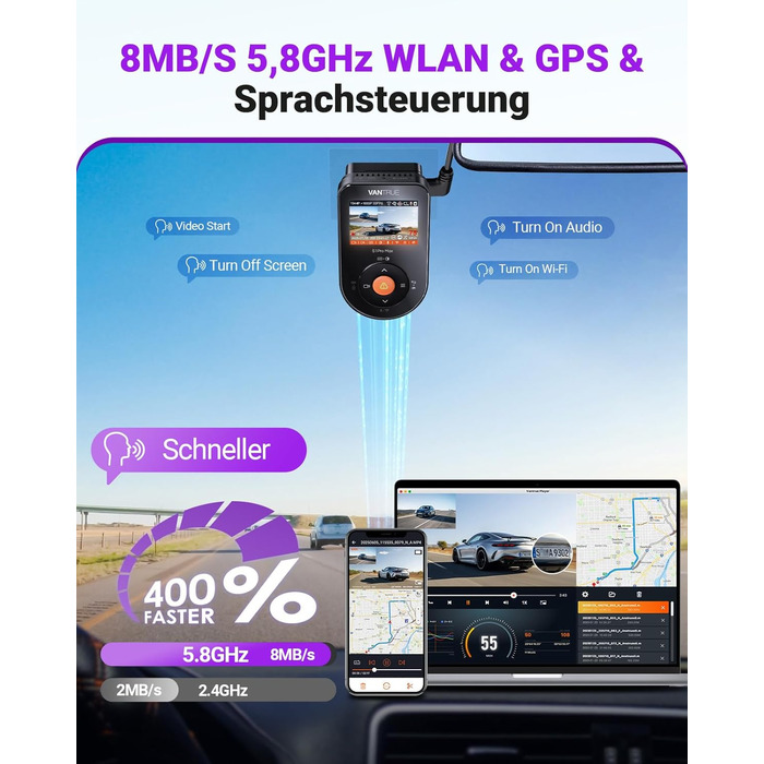 Автомобільний відеореєстратор VANTRUE S1 PRO MAX 4K + 4K Dual Dashcam з нічним баченням STARVIS 2, HDR, GPS, 5.8GHz WLAN, 24Год режим паркування, ADAS, підтримка LTE та карт пам'яті до 1ТБ