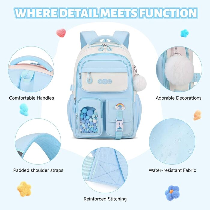 Шкільний рюкзак для дівчаток-підлітків з помпоном, тролейова петля та світловідбивачі. Великий рюкзак для школи та подорожей (блакитний).
