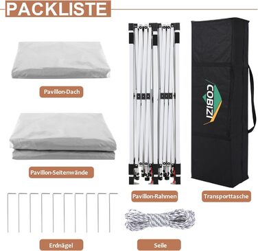 COBIZI Pavilion 3x3 Waterproof Stable Winter-Proof Party Tent 3x3 with 4 Side Walls Pop Up Folding Pavilion UV Protection 50+ Garden Pavilion With Handbag, 8X Pegs and 4X Wind Rope, (White, 3x6 m)