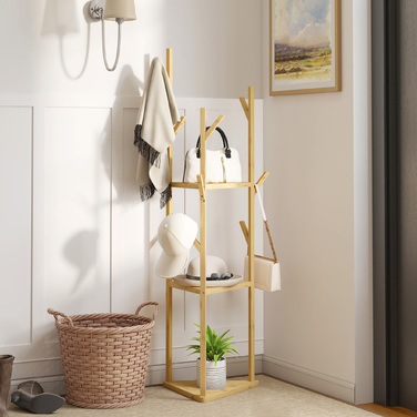 HOMCOM Coat Rack, Clothes Rack with 8 Hooks, 3 Tiers, Jacket Stand for Hats, Clothing, Entrance, Hallway, 45 x 45 x 170 cm, Bamboo, Natural | Aosom
