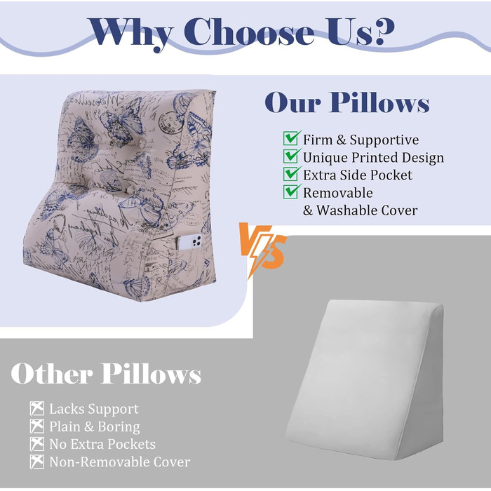 Вигнуте подушко-сидіння для ліжка, спинка для голови, клиновий ортопедичний підгузок, підставка для спини для сидіння в ліжку або на дивані, знімний чохол, блакитний з метеликами, 60 см