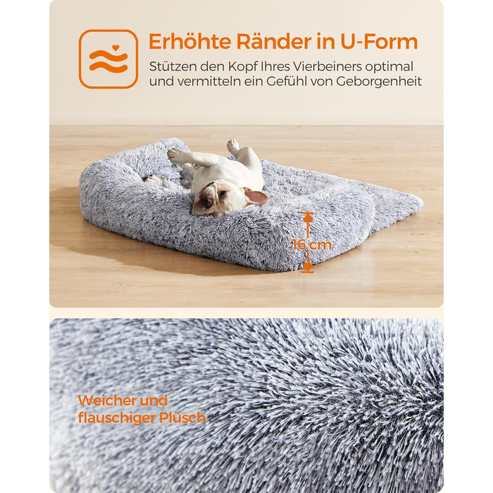 Feandrea м'яке ліжко для собак FluffyHug, диван-подушка, захист дивану, розмір M, для маленьких та середніх собак, 80 x 75 x 16 см, Ombré-Сірий
