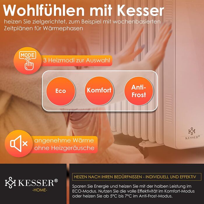 KESSER® 2500W Oil Radiator Mobile Electric Heater – Energy-Saving with WiFi App Control & LED Touch Display Remote Control Oil Radiator Heater Electric 11-Rib Radiator 24h Timer Overheat Protection White
