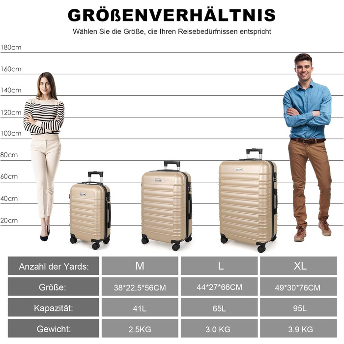 Великий валіза з ABS пластику, Trolley, валіза для подорожей з 4 колесами (360°), кодовий замок (3 цифри) та телескопічний ручка з алюмінію (XL – 95L), Колір: шампань