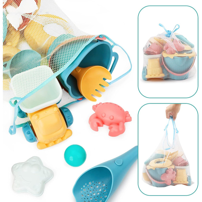 Sanlebi 17-Piece Beach Sand Toy Set with Water Wheel, Beach Buggy, Bucket, Mesh Bag, Sand Molds, Soft Plastic Toy Beach for Kids Boys Girls