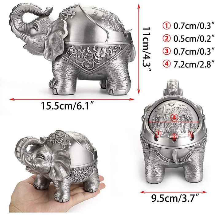 BSTKEY Vintage Ashtray with Lid – Elephant Shape, Table Ashtray, for Indoor and Outdoor Use, Retro, for Home, Office, Decoration Silver