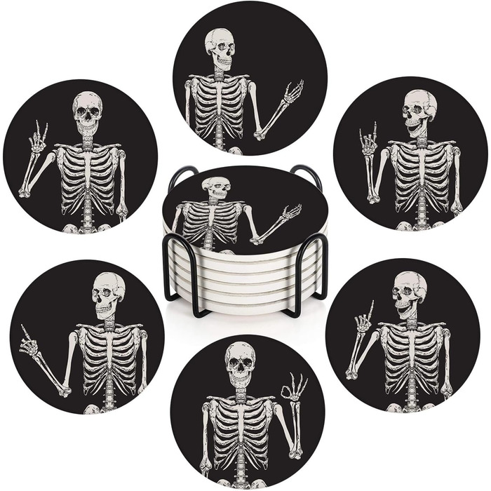 Britimes Drink Coasters, Set of 6, White Marble, Inspiring Love, Absorbent, Round, Ceramic-Stone Mat, with Cork Bottom and Metal Holder, Housewarming Gift, Bar, Decor (Skeleton)