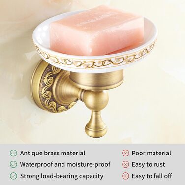 Brass toothbrush holder, antique bronze, cup holder with white ceramic cup, wall-mounted, bathroom accessory, patterned carved design (soap dish)