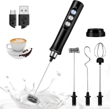 Електричний пінозбивач для молока USB, перезаряджуваний, 3 швидкості, 3-в-1, для кави, капучино, гарячого шоколаду, лате, чорний