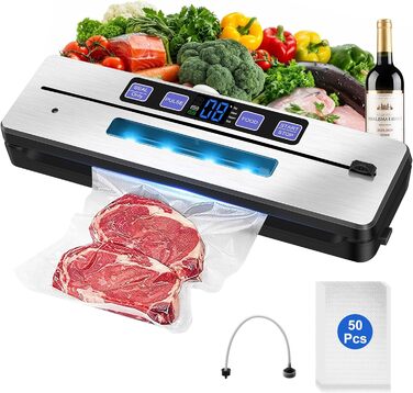 Вакуумний упаковник KLGFI 7-в-1: професійний, з подвійною зварювальною лінією, з різаком та цифровим таймером, комплект з 50 пакетами, срільно-чорний