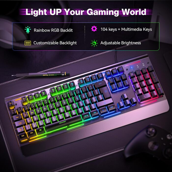 Клавіатура ігрова TECKNET RGB для ПК, 105 клавіш, повнорозмірна, з підсвічуванням, підставка для зап'ястя, QWERTY (ES)