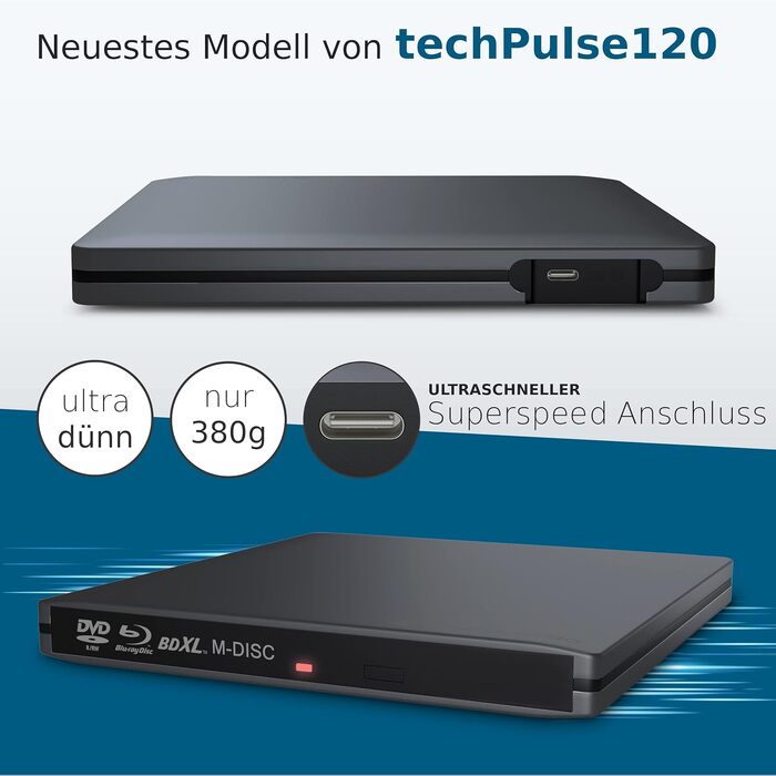 Зовнішній Blu-ray привід techPulse120 USB 3.1 Type-C M-Disc BDXL Brenner Player Slim для PC, Notebook, Mac OS, MacBook Pro Air, алюміній (сірий)