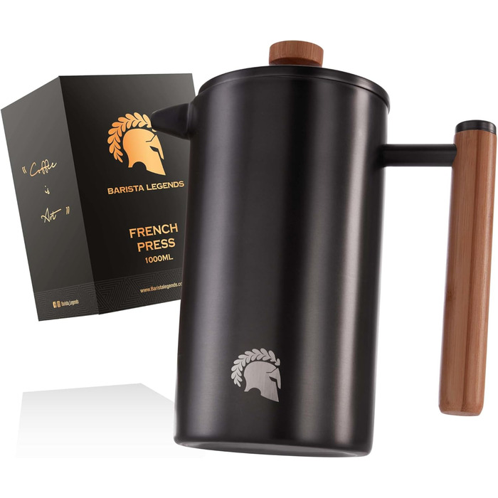 Barista Legends® French Press Stainless Steel Thermal Coffee Press (600ml) - Double-walled Coffee Maker for longer fresh filter coffee - Also suitable as a coffee maker when camping! Metallic Black 600ml
