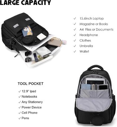 Водонепроникний шкільний рюкзак JANSBEN для підлітків (хлопців та дівчат), багатоклековий дизайн для школи та подорожей, ідеальний для 5 класу, чорний