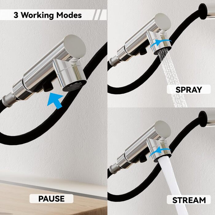 Кухонний змішувач SEAMENEY з висувною лійкою, поворотний 360°, з донним клапаном, хром, 3 режими, для кухні