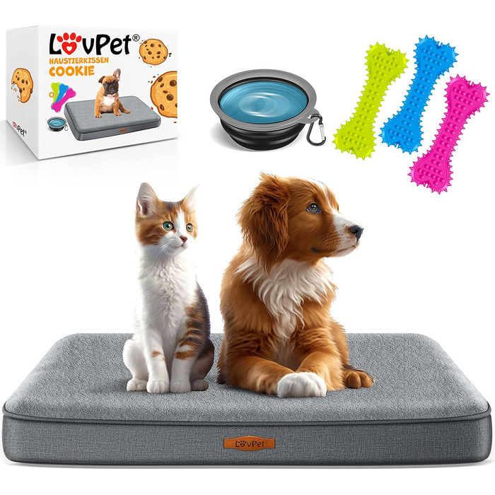 Lovpet® Orthopedic Dog Bed, Dog Cushion, Dog Basket Cookie, Incl. Bowl + 3X Chew Bones, Dog Sofa for Small, Medium & Large Dogs, Removable and Washable Cover, L 91x69x7.6 cm Anthracite