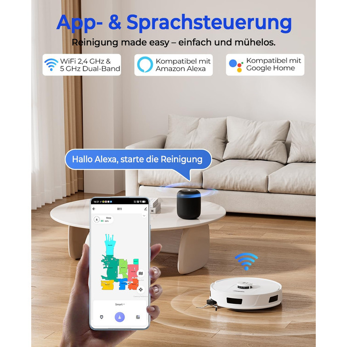 Робот-пилосос Redkey R11 з функцією миття, 20000Pa, док-станція 4L, захист від намотування волосся, LiDAR навігація, керування через додаток, для килима та шерсті тварин, білий