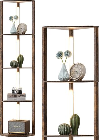 LED торшер EDISHINE з 4 дерев'яними полицями, регульоване освітлення, 3 колірні температури, поворотний світловий стержень, підсвічування полиць, футовий вимикач, вінтажний коричневий