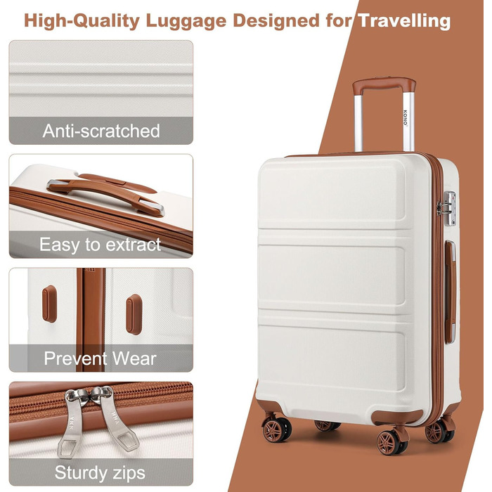 Чемодан KONO 24 дюйми, ABS, з TSA-замком, 4 колеса, 65×44×25.5 см, кремовий