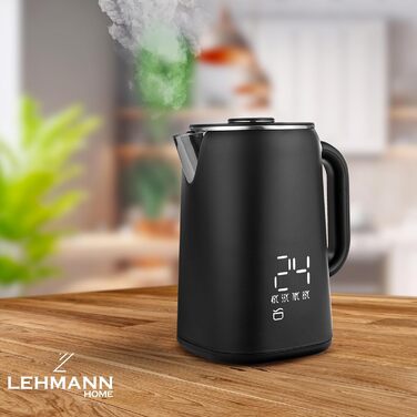 Електричний чайник-заварник Lehmann з нержавіючої сталі, 1,7 л, терморегуляція 45-100°C, з термостатом та дисплеєм, чорний