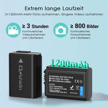 Akku Onshida NP-FW50 1200mAh 2 шт. для Sony Alpha/NEX/ZV-E10 (A6000, A6500, A7II, A7RII, A7S, A7S2, A7R, RX10, A3000, A33, A35, A37, A55, A5100)