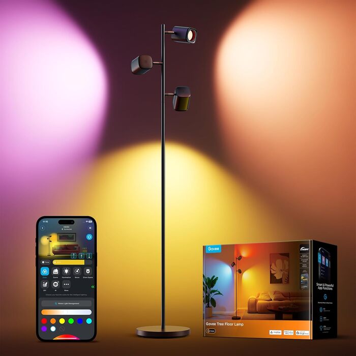 LED-лампа Govee з 3-ма якими полум'янами, RGBWW, регулювання фокусу, 1500lm, Alexa, 64+ сцени, синхронізація з музикою, 157см, чорний колір, для вітальні, спальні, кабінету, декор
