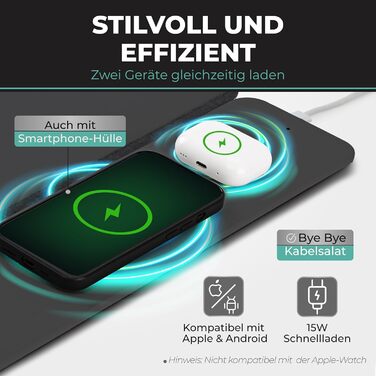 Органайзер для робочого столу з бездротовою зарядкою для iPhone/AirPods/Android. Шкіряна/повстяна підкладка для миші, чорна. Швидка зарядка, для правшів та лівшів, мінімалістичний дизайн