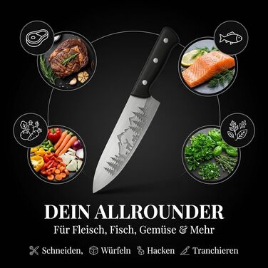 Ніж кухарський FIXLINE® Chefmesser 20 см BLACK FOREST Edition – професійний ніж для кухні, нержавіюча сталь, чорна дерев'яна ручка, подарункова упаковка