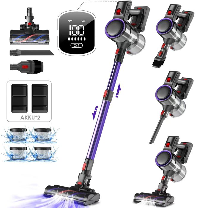 Бездротовий акумуляторний пилосос з сенсорним екраном, 45000Pa, 50 хвилин роботи, 1.6L, фільтр HEPA H13, антизаплутана щітка, для твердих поверхонь/килимів/шерсті тварин (фіолетовий)