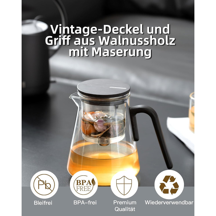 Чайник ZENS Magic з боросилікатного скла з ситом, 800 мл, з магнітним кришкою та ручкою з чорного горіха, для заварювання листового чаю