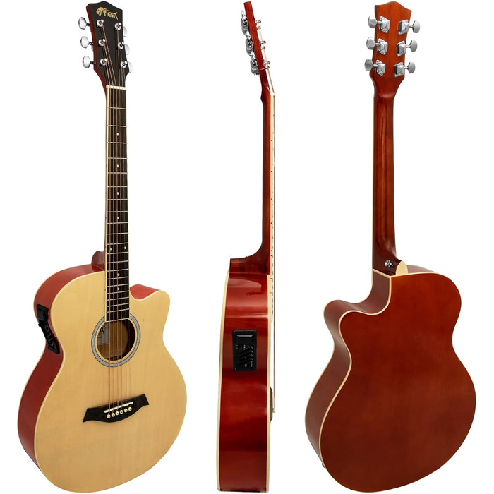 Електроакустична гітара TIGER ACG4-WH 4/4 для початківців з вбудованим 3-смуговим EQ, Gigbag, ремінь та запасні струни, білий колір