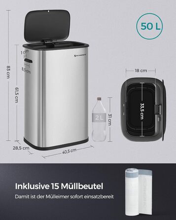 Відро для сміття SONGMICS з датчиком 50л, з м'яким закриттям, з нержавіючої сталі, з кільцем для пакетів, срібне (LTB610E50)