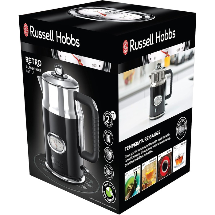 Електричний чайник Russell Hobbs 1.7л, 2400W, Retro, Чорний & полірована нержавіюча сталь