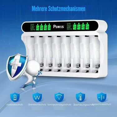 Зарядний пристрій POWXS для акумуляторів Ni-MH/Ni-Cd AA/AAA, 8 слотів, LCD-дисплей, USB/Type-C