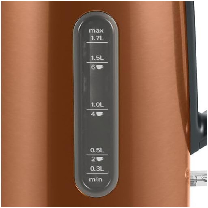 Електричний чайник Bosch DesignLine TWK4P439 з мідною обробкою: без розбризкування, індикатор рівня води, захист від перегріву, 1.7 л, 2400 Вт