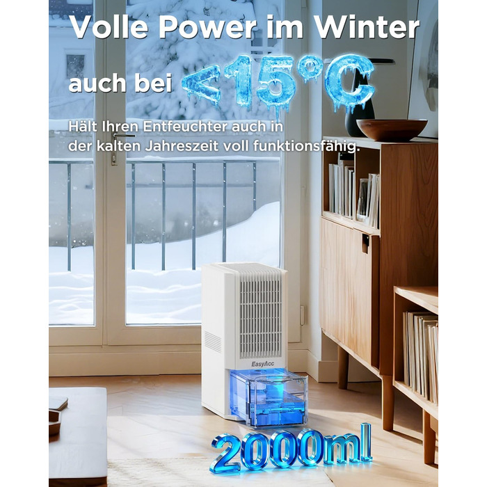 EasyAcc Електричний осушувач повітря 1200 мл, енергозберігаючий, тихий, портативний, з автовимкненням та режимом сну. Ідеально для офісу та дому (2000 мл, кремовий)