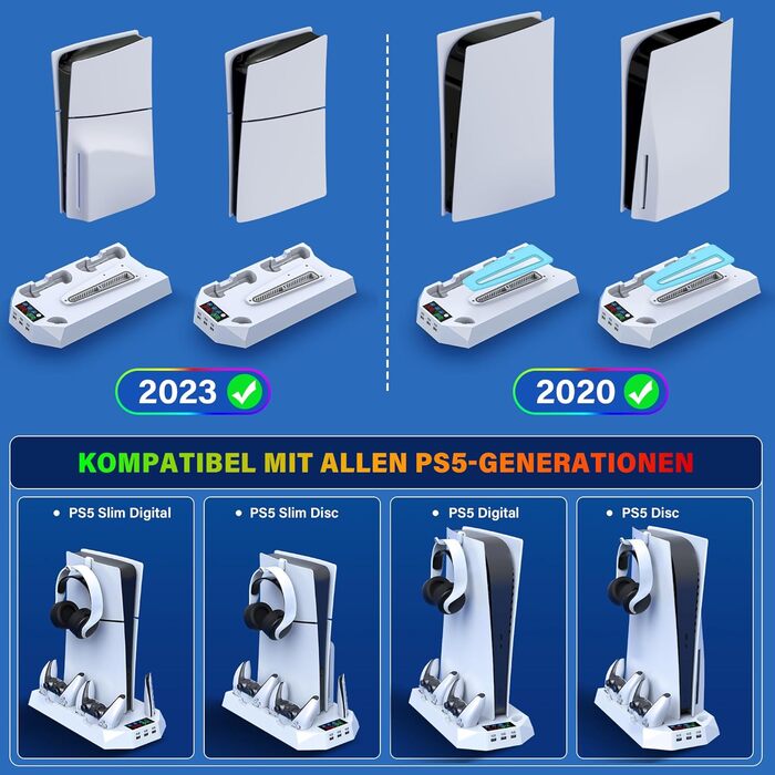 Підставка для PS5 Slim/Pro з зарядною станцією для контролера PlayStation 5 (Disc/Digital), аксесуари PS5 з RGB підсвіткою, вентилятором, тримачем для навушників, USB хабом, чорно-білий (Perlweiß Q311)