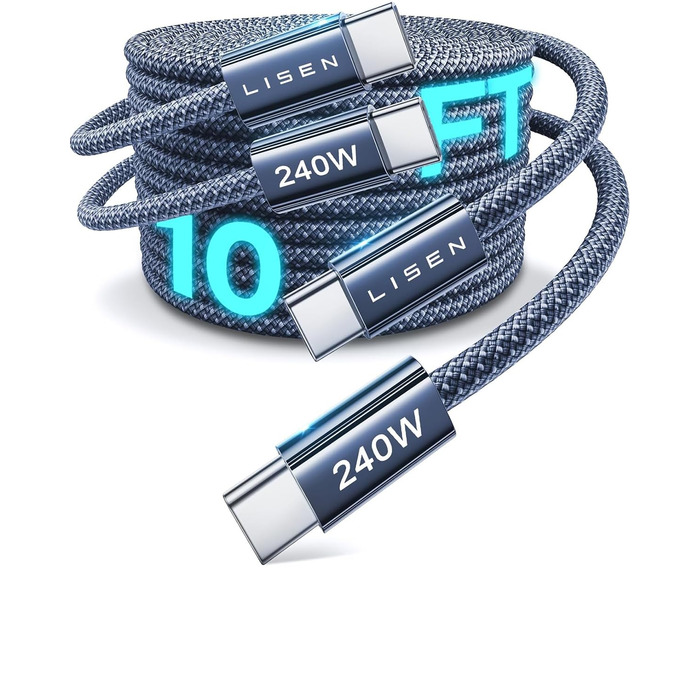 Кабель USB-C на USB-C Lisen 240W, 2 шт., 2 метри, для Samsung Galaxy S24 Ultra, MacBook Pro/Air, Galaxy S25/S23, iPhone 17/16/15 Pro, iPad Pro/Air (3м+3м, Midnight)