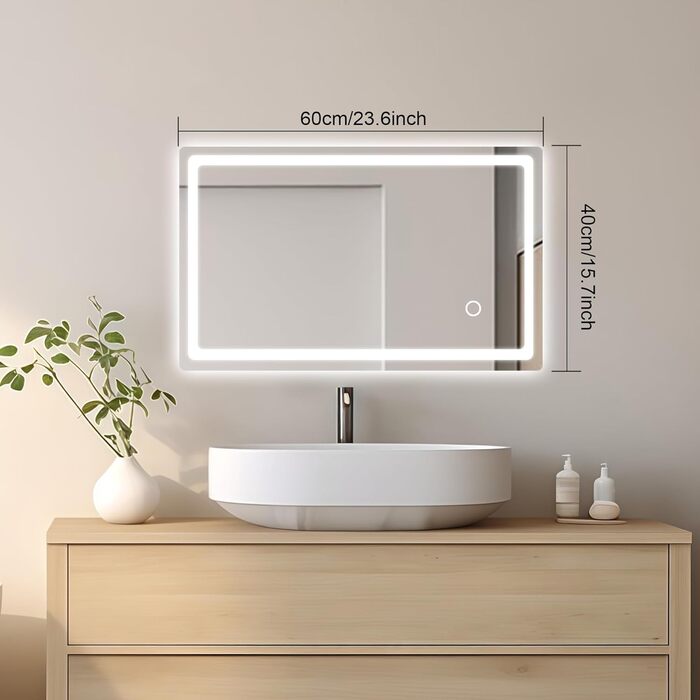 Дзеркало для ванної кімнати з підсвічуванням 40x60 см LED, з вимикачем, холодне біле світло 6000K