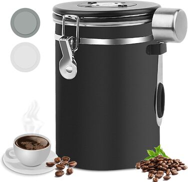 Герметичний контейнер для кави з нержавіючої сталі, 1,8L, з випускним клапаном, для кавових зерен, горіхів, какао (BK)