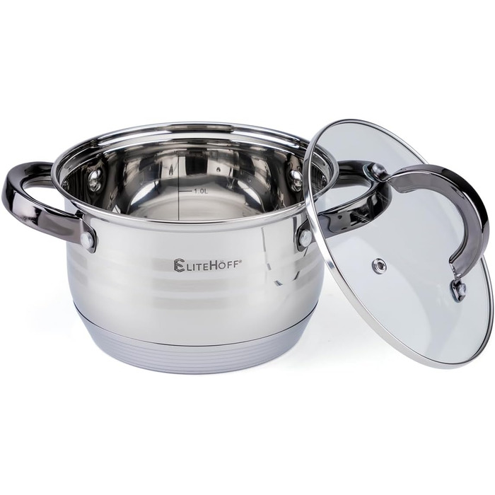 Набір посуду EliteHoff Induktion: 12-ти частинний набір каструль та сковорідок з нержавіючої сталі з кришками та чорними ручками, для всіх типів плит