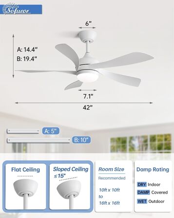 Стельовий вентилятор Sofucor Smart з підсвічуванням 132 см, WiFi, Керування через APP/Alexa, Пульт, 3 режими світла, Таймер, 6 швидкостей, Білий