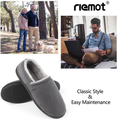 Чоловічі мокасини-домашні тапочки Riehmot з м'якою підошвою з гуми, з підкладкою Sherpa, теплі, з м'якою піною Memory Foam, сірі, розмір EU 42-47