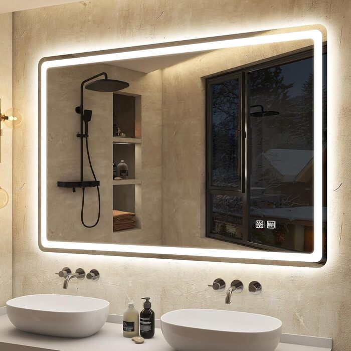 Дзеркало для ванної кімнати S'bagno з підсвічуванням 100x70 см, LED, з полицею, антизапар, 3 колірні температури, регулювання яскравості, HD скло, IP44, горизонтальне/вертикальне встановлення, M55 (без Bluetooth)